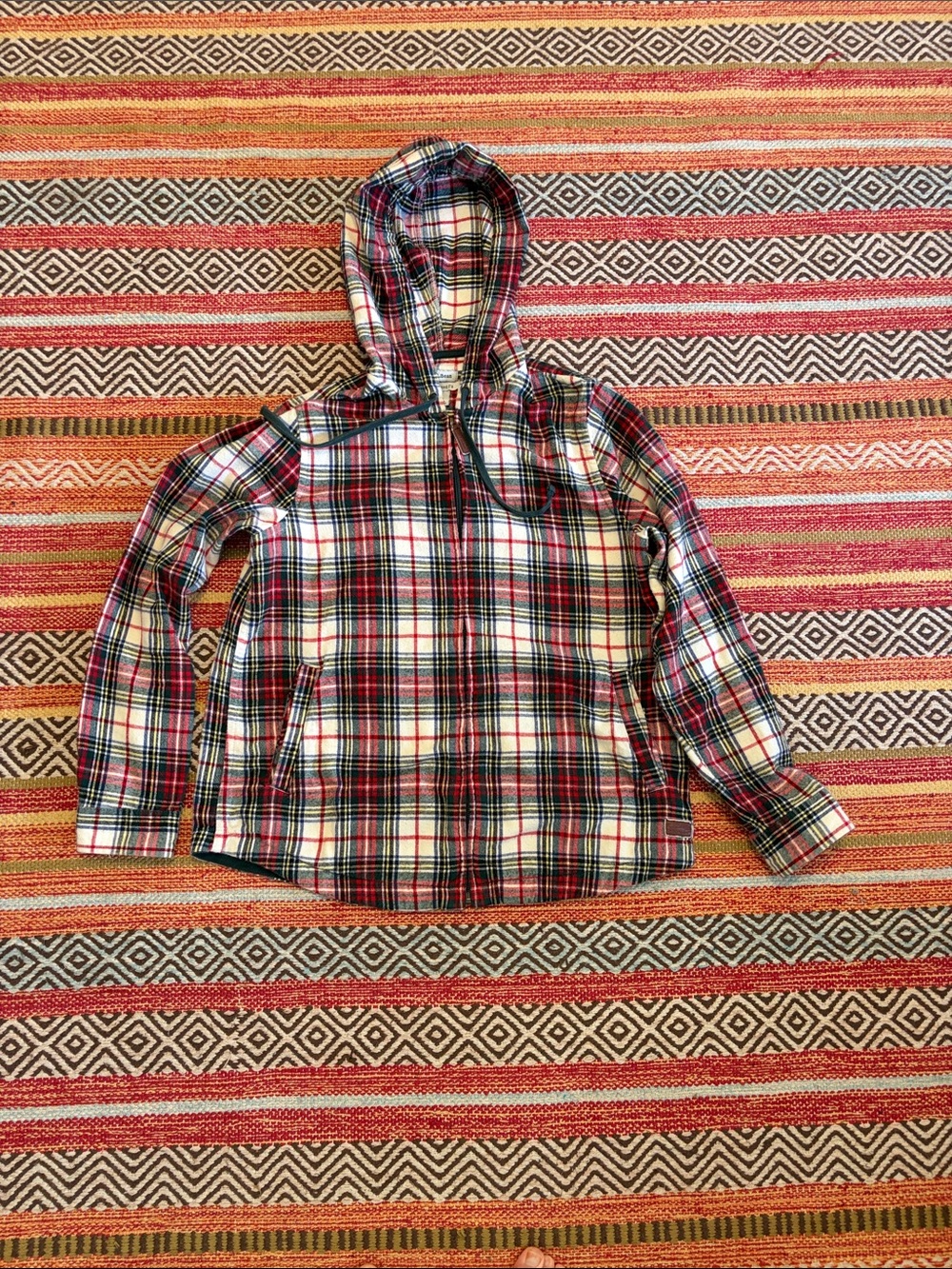 L.L. Bean Women's Red Beige Black Full Zip Hooded Flannel Jacket Size XS